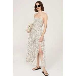 ASTR the Label Floral Print Maxi Linen Dress With Smocked Bodice Back Tie S